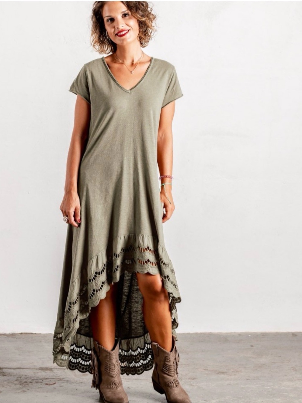 Vanessa Alexandra Hi-low Dress size S Eyelet Crochet Hem grey Cotton Beach